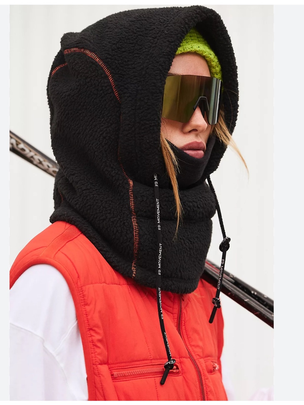 Free People FP Movement Hit The Slopes Balaclava Black Fleece Red Stitch Hood